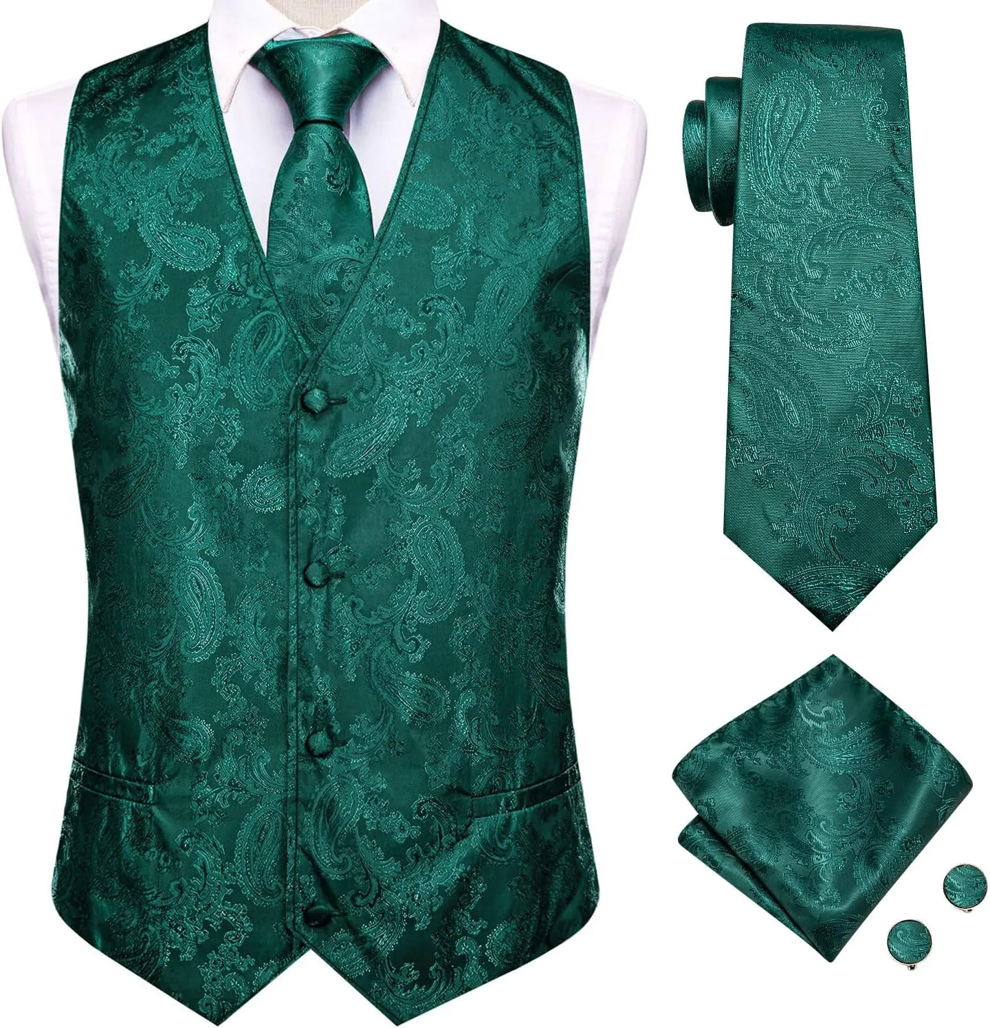 Hi-Tie Men's Silk Suit Vest Formal Vest for Men V Neck Jacquard Tie Handkerchief Cufflinks 4PCS Suits