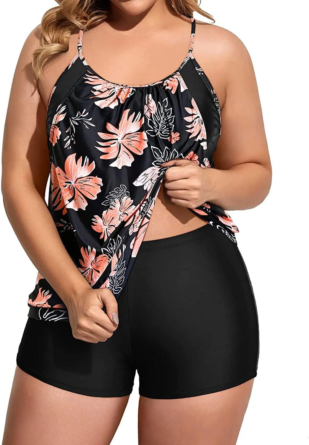 Holipick Plus Size Tankini Swimsuit for Women Two Piece Tummy Control Bathing Suit Blouson Tankini Top with Shorts
