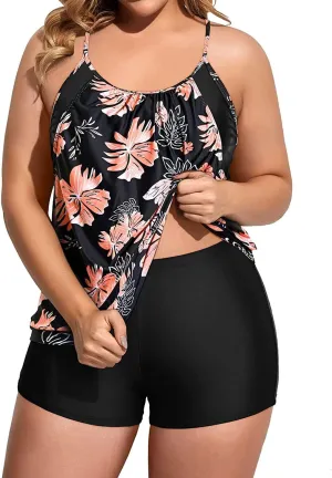 Holipick Plus Size Tankini Swimsuit for Women Two Piece Tummy Control Bathing Suit Blouson Tankini Top with Shorts