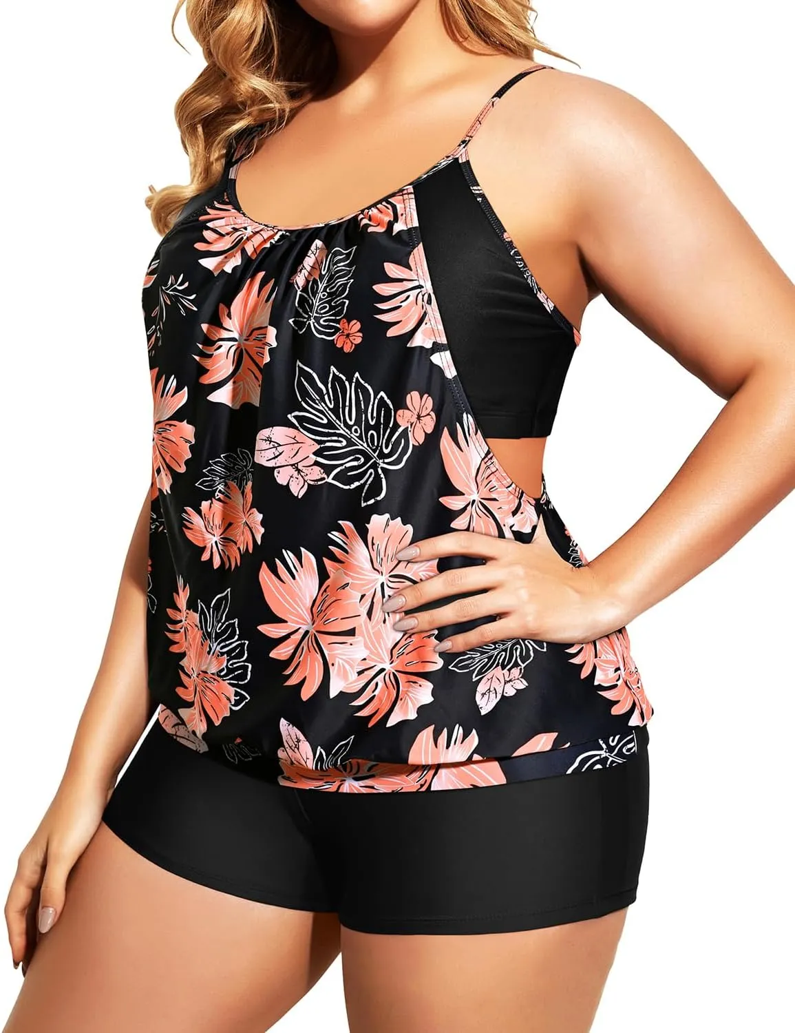 Holipick Plus Size Tankini Swimsuit for Women Two Piece Tummy Control Bathing Suit Blouson Tankini Top with Shorts