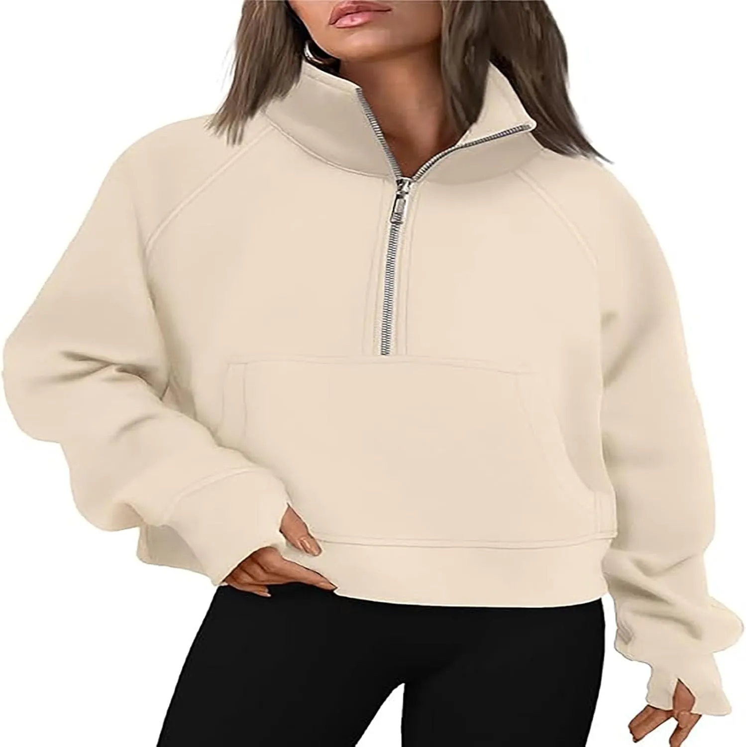 Hooded Sweatshirt Women Half Zip Oversized Sweatshirts Fleece Long Sleeve Solid Color Pullover