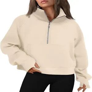Hooded Sweatshirt Women Half Zip Oversized Sweatshirts Fleece Long Sleeve Solid Color Pullover