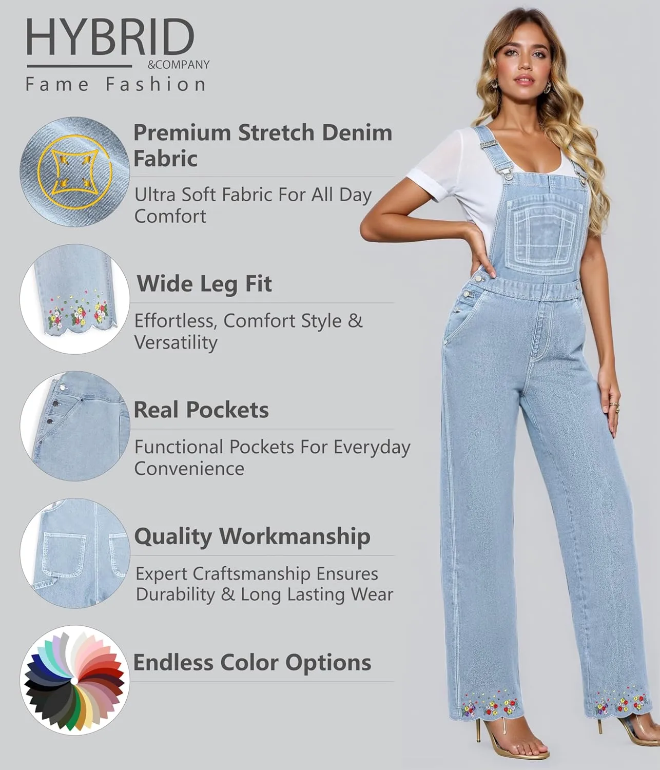 Hybrid & Company Womens Super Comfy Stretch Denim jumpsuit Pants Overalls