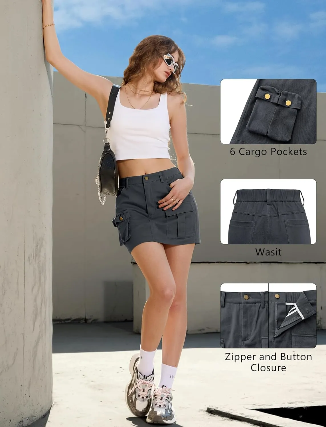 IVIR Women's Cargo Skirt Mini Skirt Y2K Summer Elastic Waist 6 Pockets Button Bodycon Short Denim Skirts