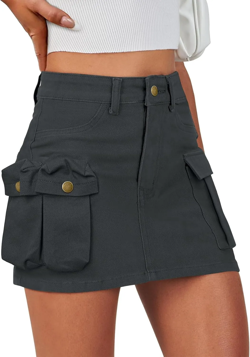 IVIR Women's Cargo Skirt Mini Skirt Y2K Summer Elastic Waist 6 Pockets Button Bodycon Short Denim Skirts