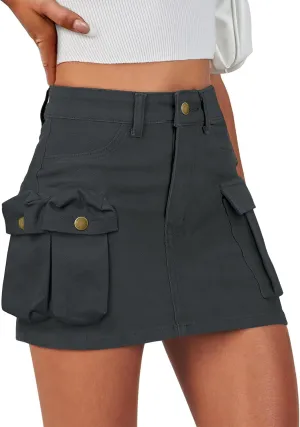 IVIR Women's Cargo Skirt Mini Skirt Y2K Summer Elastic Waist 6 Pockets Button Bodycon Short Denim Skirts