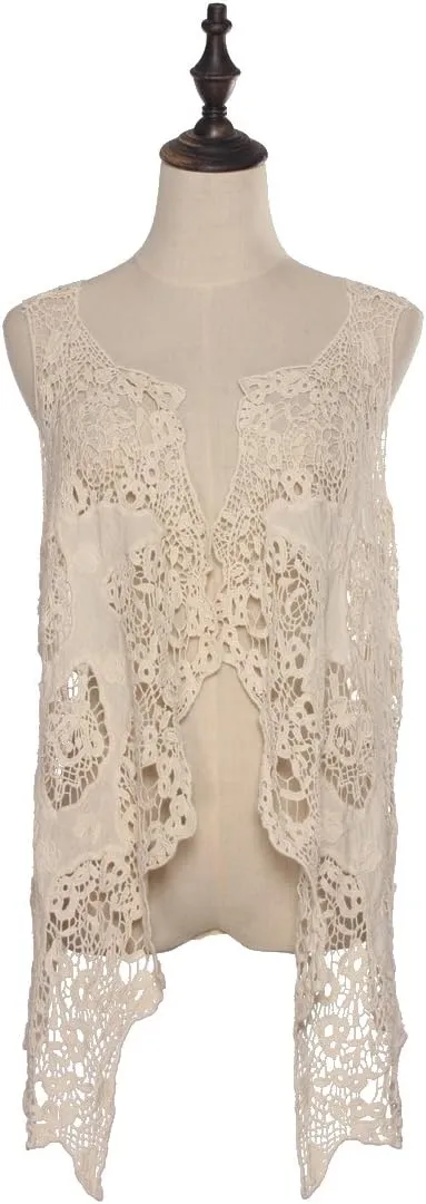 JASTIE Women Open Stitch Cardigan Boho Sleeveless Hippie Summer Hollow Out Solid Crochet Vest