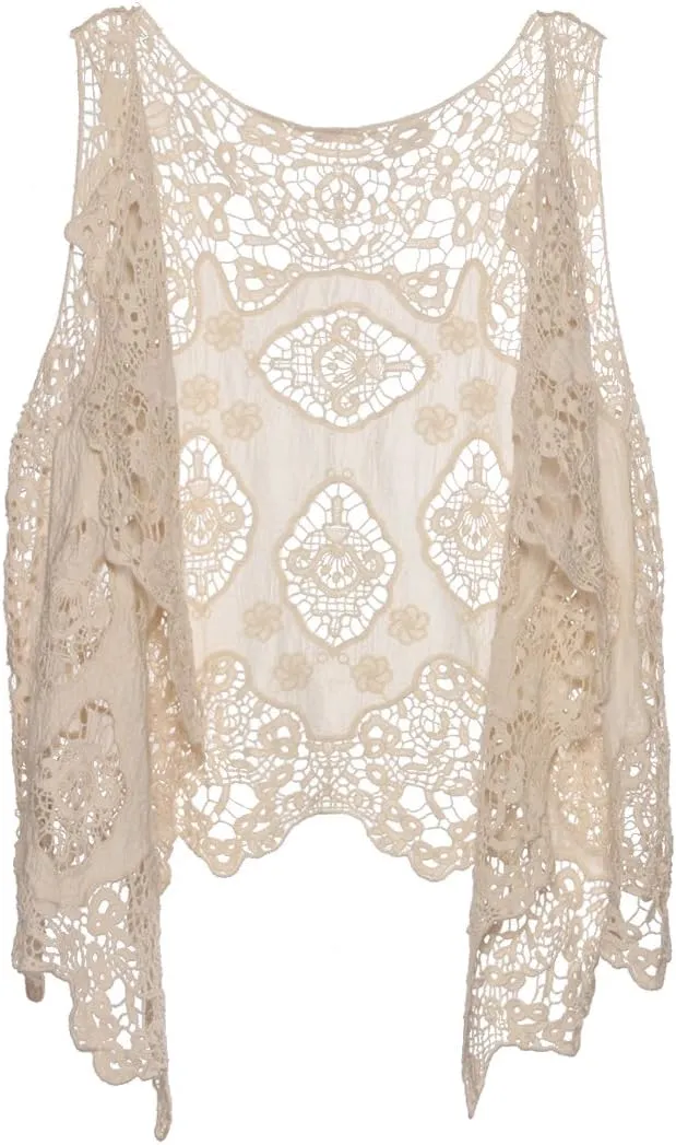 JASTIE Women Open Stitch Cardigan Boho Sleeveless Hippie Summer Hollow Out Solid Crochet Vest