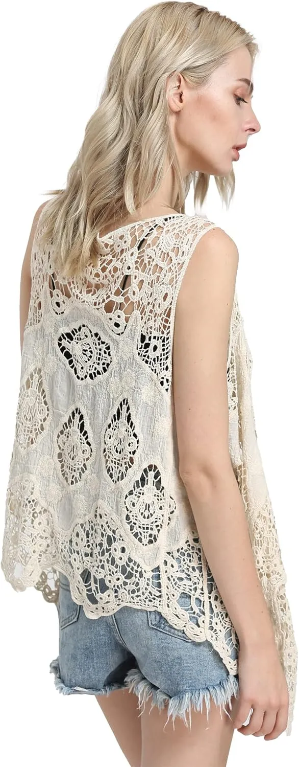 JASTIE Women Open Stitch Cardigan Boho Sleeveless Hippie Summer Hollow Out Solid Crochet Vest
