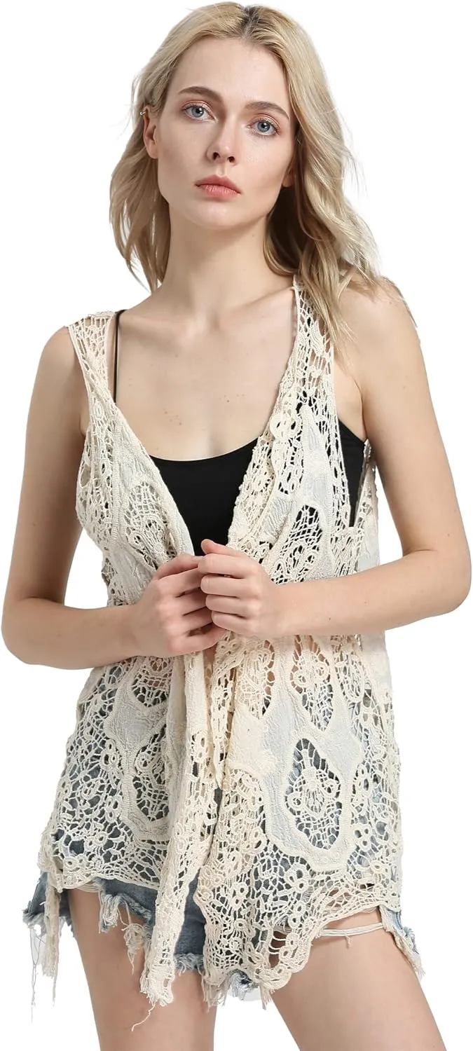 JASTIE Women Open Stitch Cardigan Boho Sleeveless Hippie Summer Hollow Out Solid Crochet Vest
