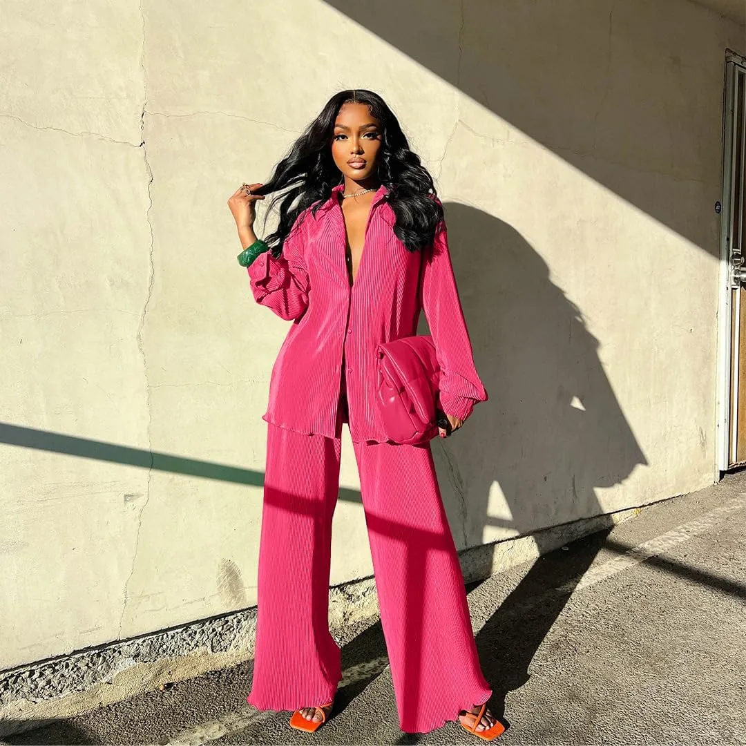 kaimimei Casual 2 Piece Outfit for Women - Linen Long Sleeve Button Down Shirt   Flare Pleated Wide Leg Pants Sets Streetwear
