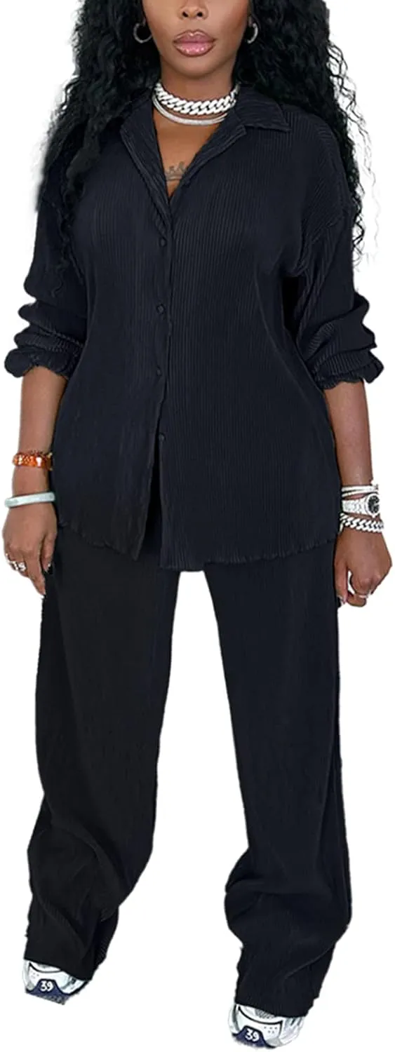 kaimimei Casual 2 Piece Outfit for Women - Linen Long Sleeve Button Down Shirt   Flare Pleated Wide Leg Pants Sets Streetwear