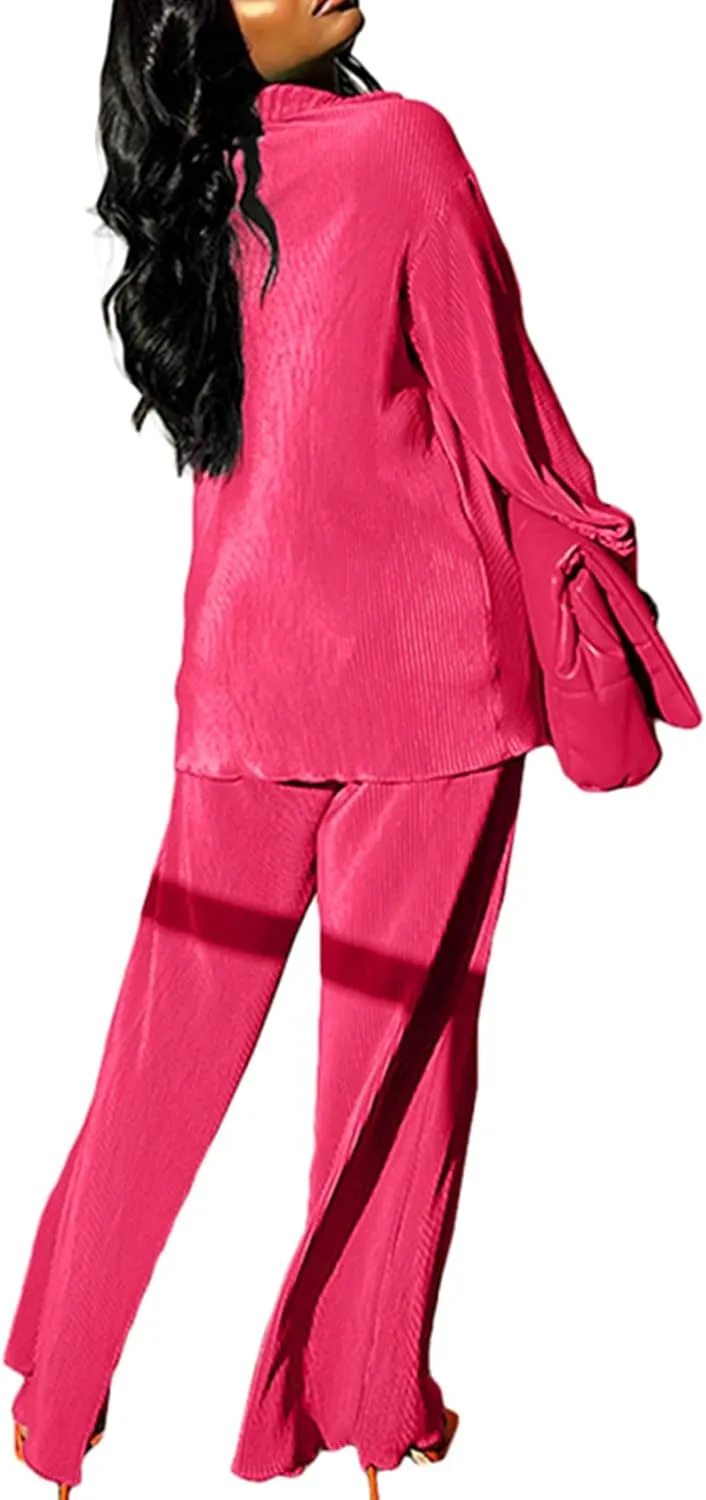kaimimei Casual 2 Piece Outfit for Women - Linen Long Sleeve Button Down Shirt   Flare Pleated Wide Leg Pants Sets Streetwear