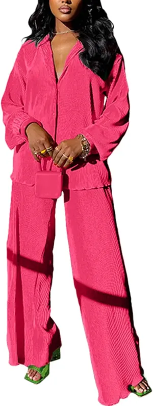 kaimimei Casual 2 Piece Outfit for Women - Linen Long Sleeve Button Down Shirt   Flare Pleated Wide Leg Pants Sets Streetwear