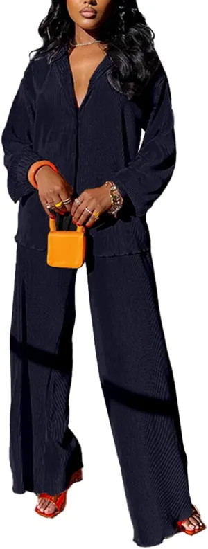 kaimimei Casual 2 Piece Outfit for Women - Linen Long Sleeve Button Down Shirt   Flare Pleated Wide Leg Pants Sets Streetwear