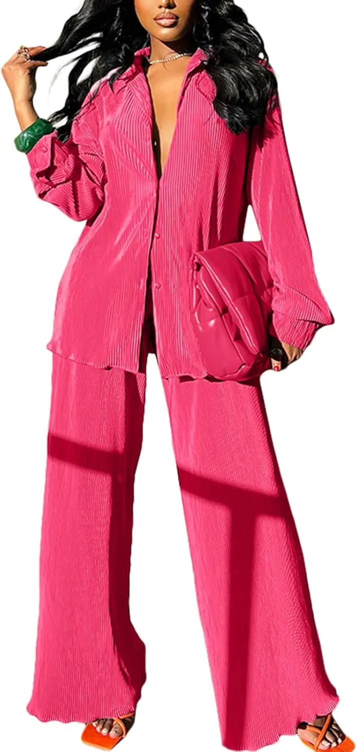 kaimimei Casual 2 Piece Outfit for Women - Linen Long Sleeve Button Down Shirt   Flare Pleated Wide Leg Pants Sets Streetwear