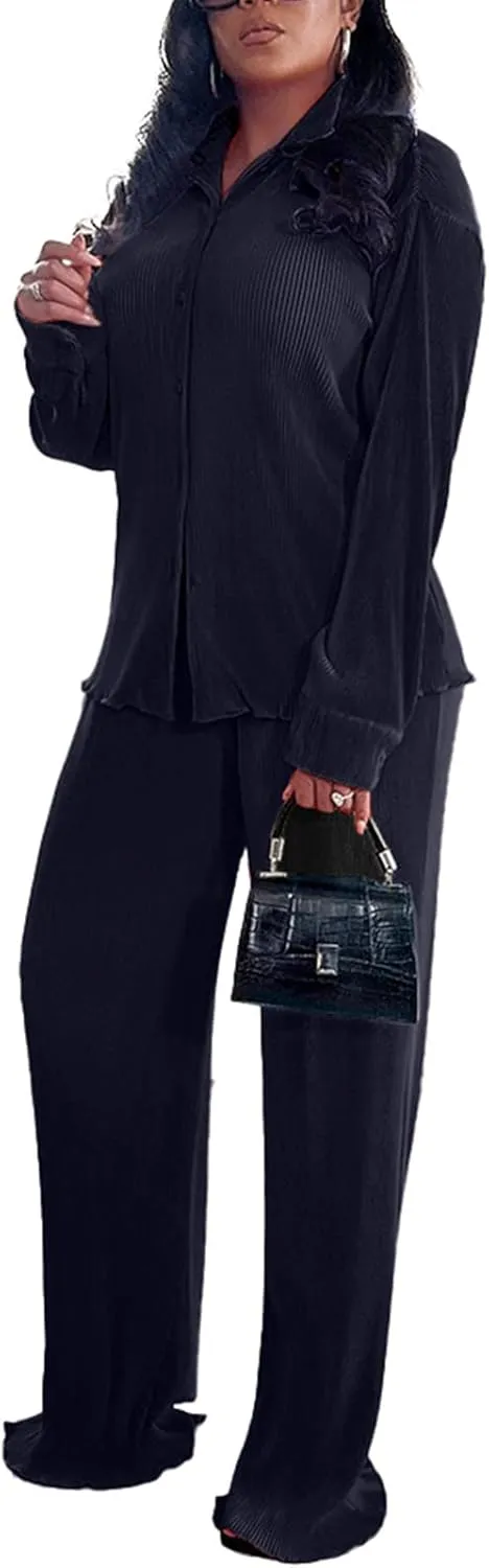 kaimimei Casual 2 Piece Outfit for Women - Linen Long Sleeve Button Down Shirt   Flare Pleated Wide Leg Pants Sets Streetwear