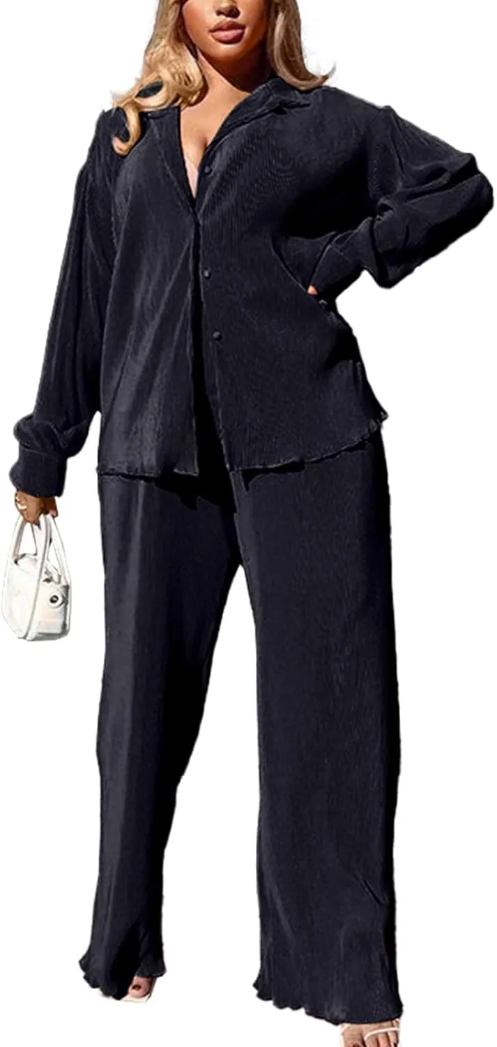 kaimimei Casual 2 Piece Outfit for Women - Linen Long Sleeve Button Down Shirt   Flare Pleated Wide Leg Pants Sets Streetwear