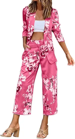 Ladies Casual Printed 3/4 Sleeve Suit Top Suit Pants Set Dressy Jumpsuits for Women Evening Party