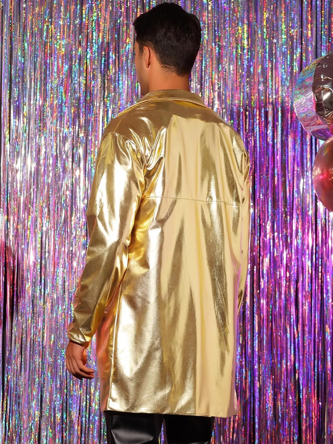 Lars Amadeus Metallic Trench Coat for Men's Lapel Disco Party Shiny Long Coat with Belt