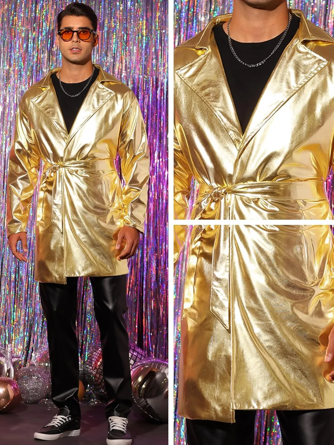 Lars Amadeus Metallic Trench Coat for Men's Lapel Disco Party Shiny Long Coat with Belt