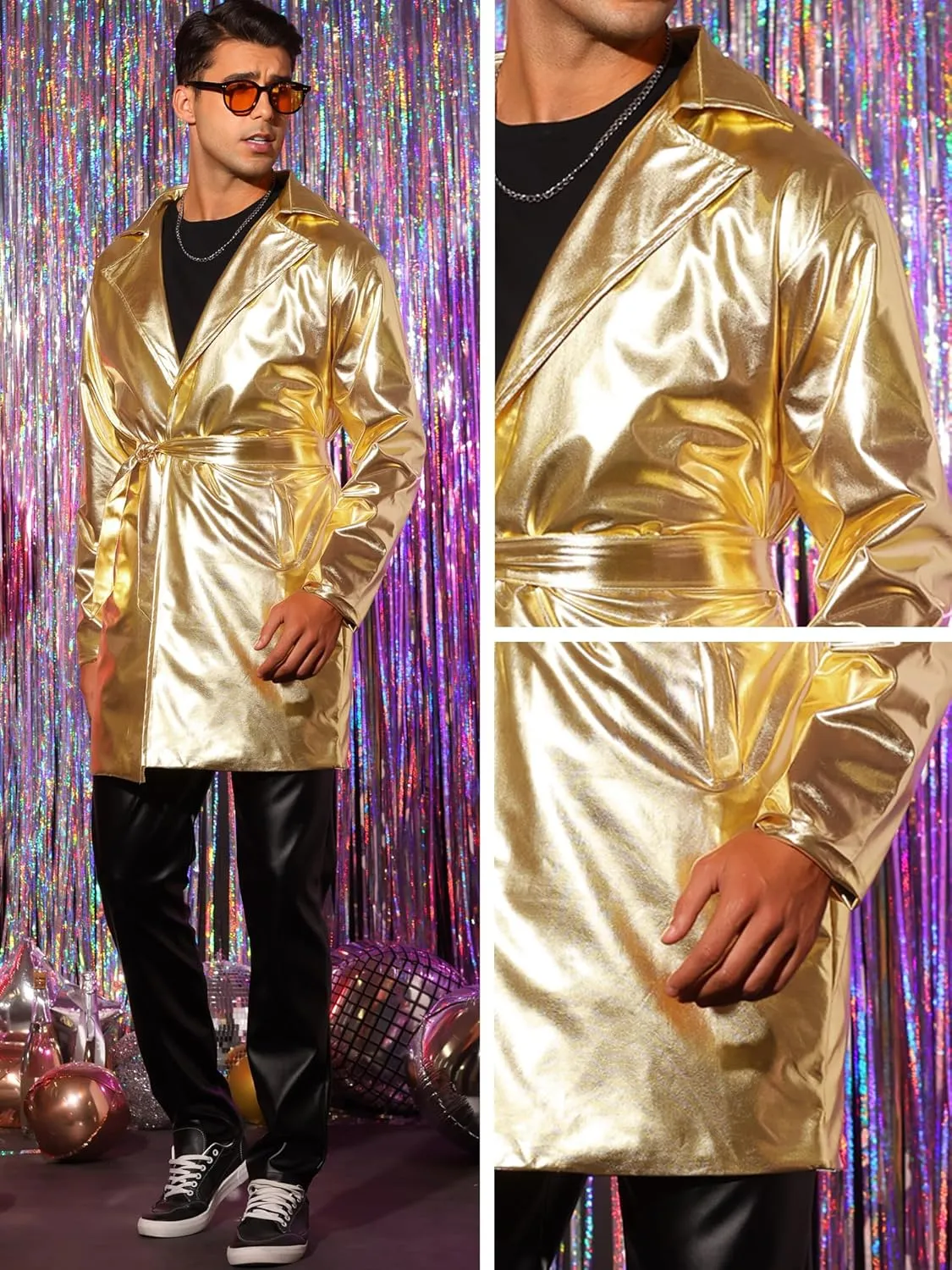 Lars Amadeus Metallic Trench Coat for Men's Lapel Disco Party Shiny Long Coat with Belt