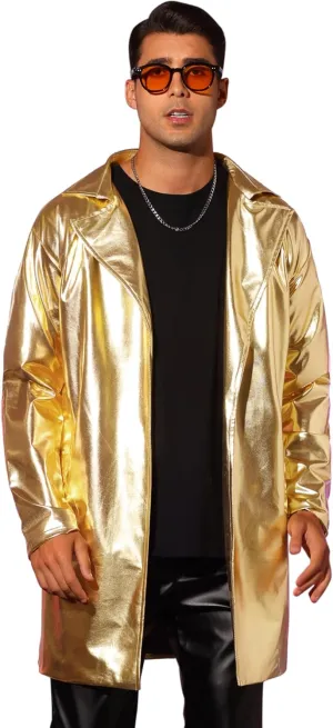 Lars Amadeus Metallic Trench Coat for Men's Lapel Disco Party Shiny Long Coat with Belt