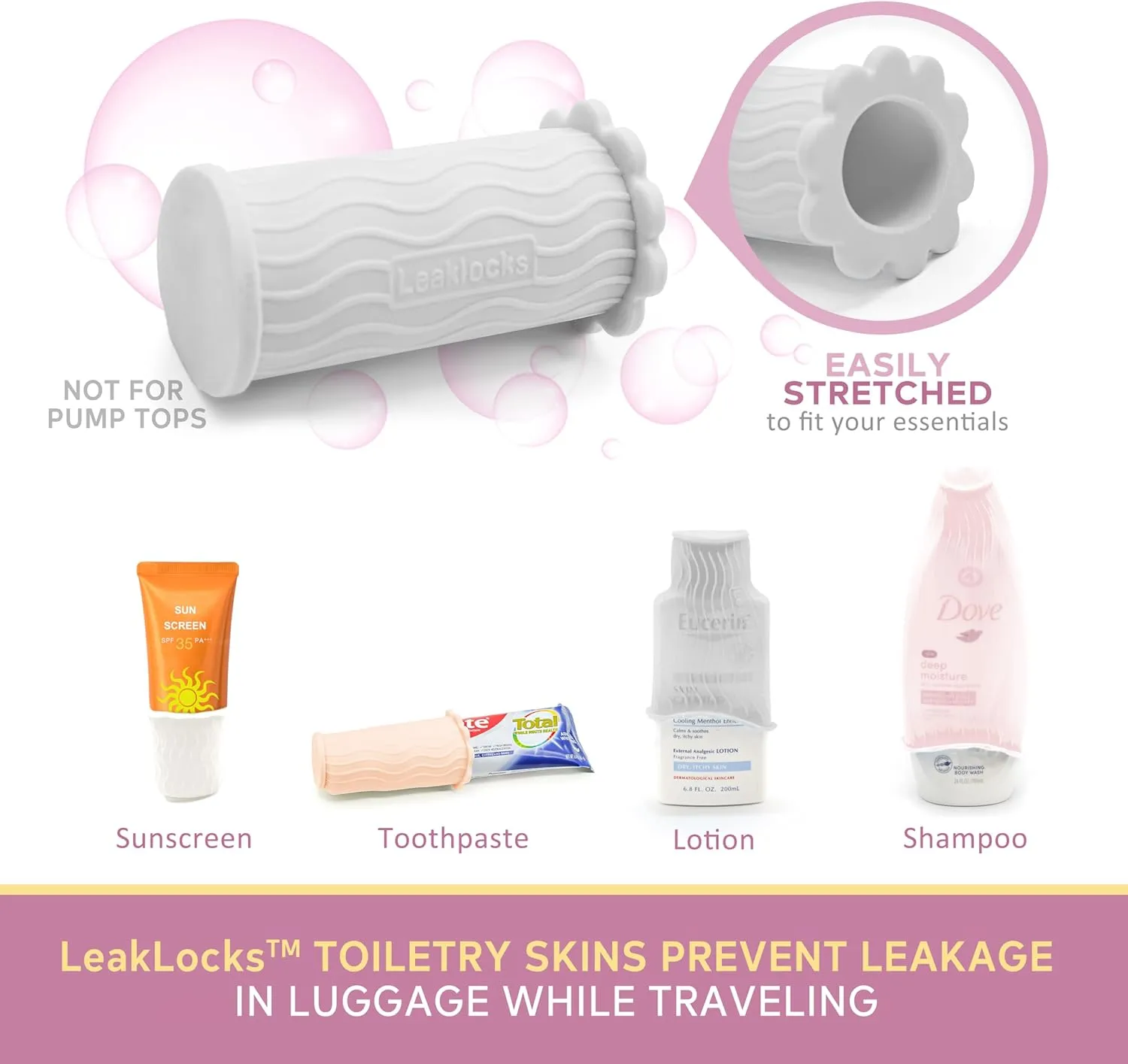 LeakLocks Toiletry Skins Elastic Sleeve for Leak Proofing Travel Container in Luggage. For Standard and Travel Sized Toiletries. Reusable Accessory for Travel Bag Suitcase and Carry-on Luggage