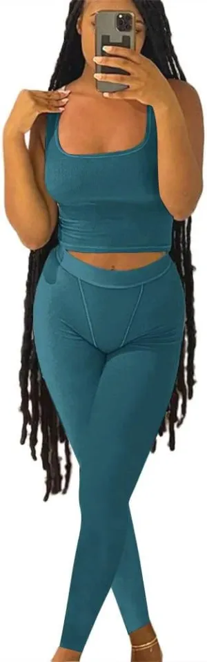 LICOBOD Casual Workout Sets 2 Piece Outfits for Women Ribbed Crop Tank Top High Waist Yoga Leggings Lounge Wear Tracksuit