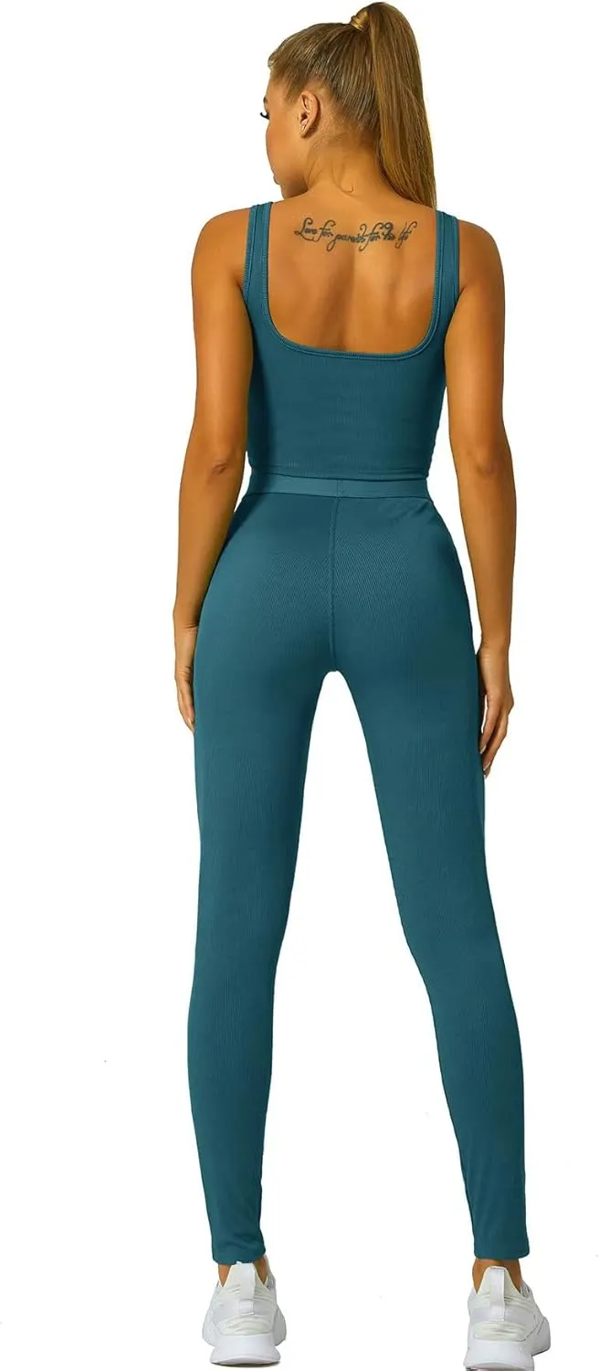 LICOBOD Casual Workout Sets 2 Piece Outfits for Women Ribbed Crop Tank Top High Waist Yoga Leggings Lounge Wear Tracksuit