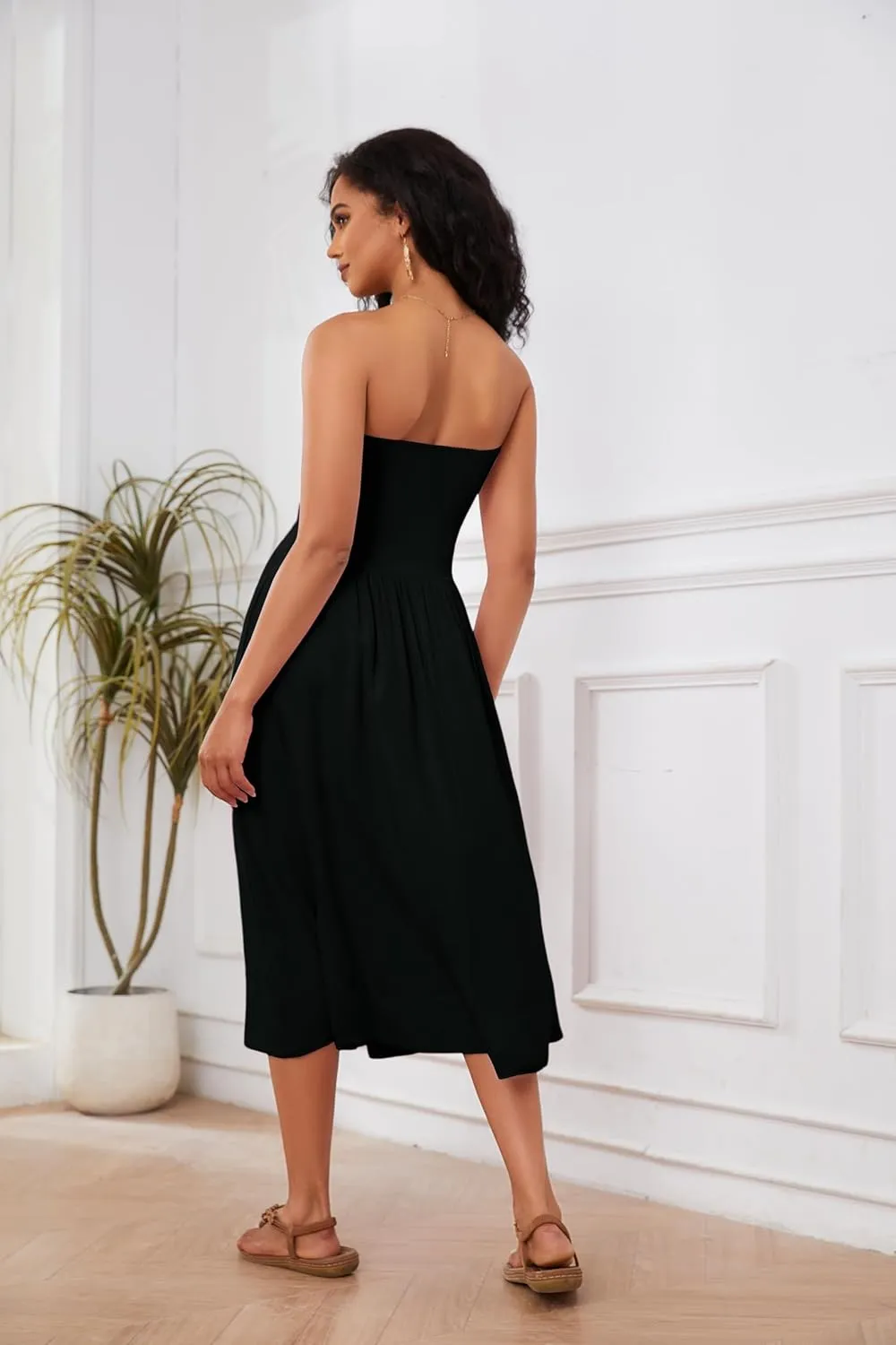 Livtany Women Off Shoulder Midi Dress Strapless Sleeveless Drop-Waist A Line Tube Dress Trendy Summer Swing Patchwork Dress