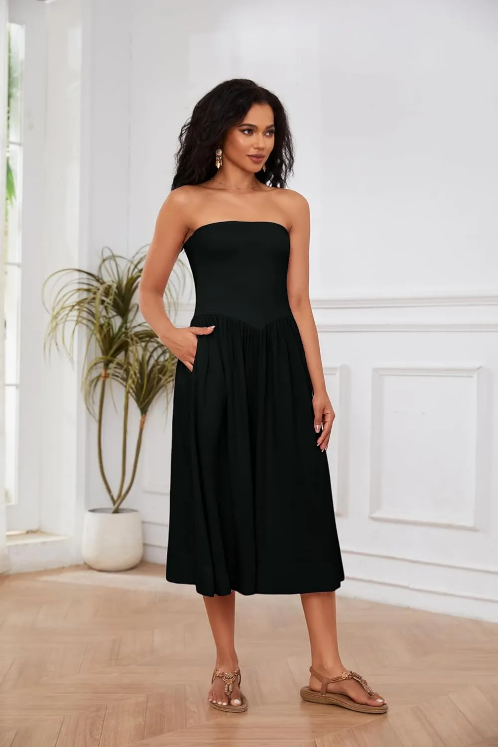 Livtany Women Off Shoulder Midi Dress Strapless Sleeveless Drop-Waist A Line Tube Dress Trendy Summer Swing Patchwork Dress