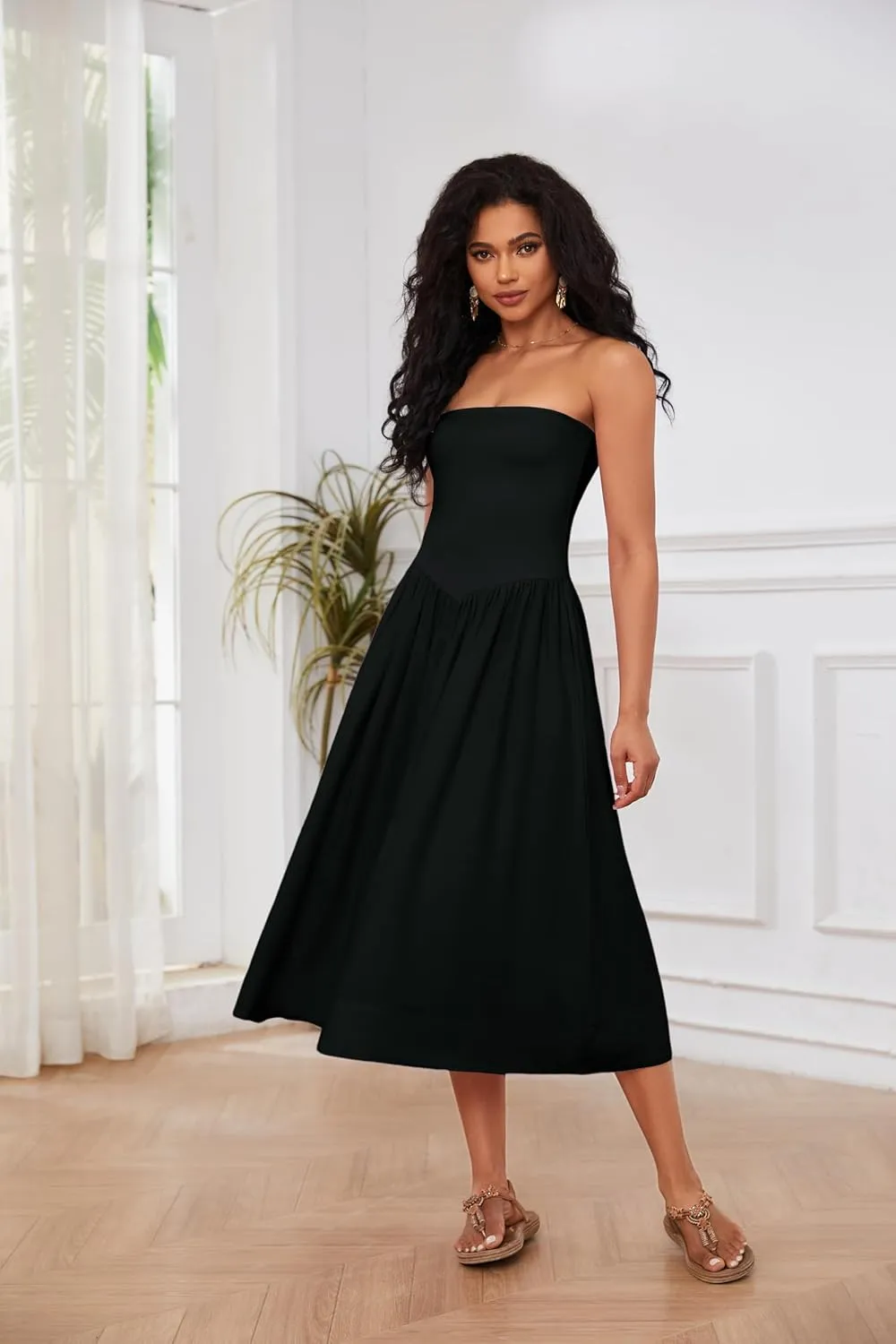 Livtany Women Off Shoulder Midi Dress Strapless Sleeveless Drop-Waist A Line Tube Dress Trendy Summer Swing Patchwork Dress