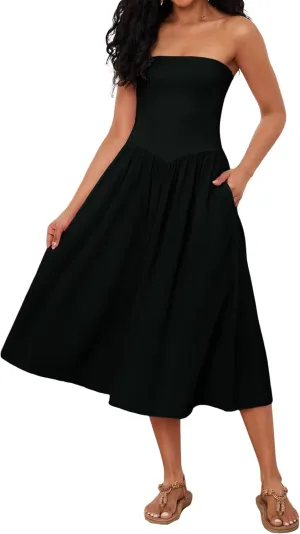 Livtany Women Off Shoulder Midi Dress Strapless Sleeveless Drop-Waist A Line Tube Dress Trendy Summer Swing Patchwork Dress