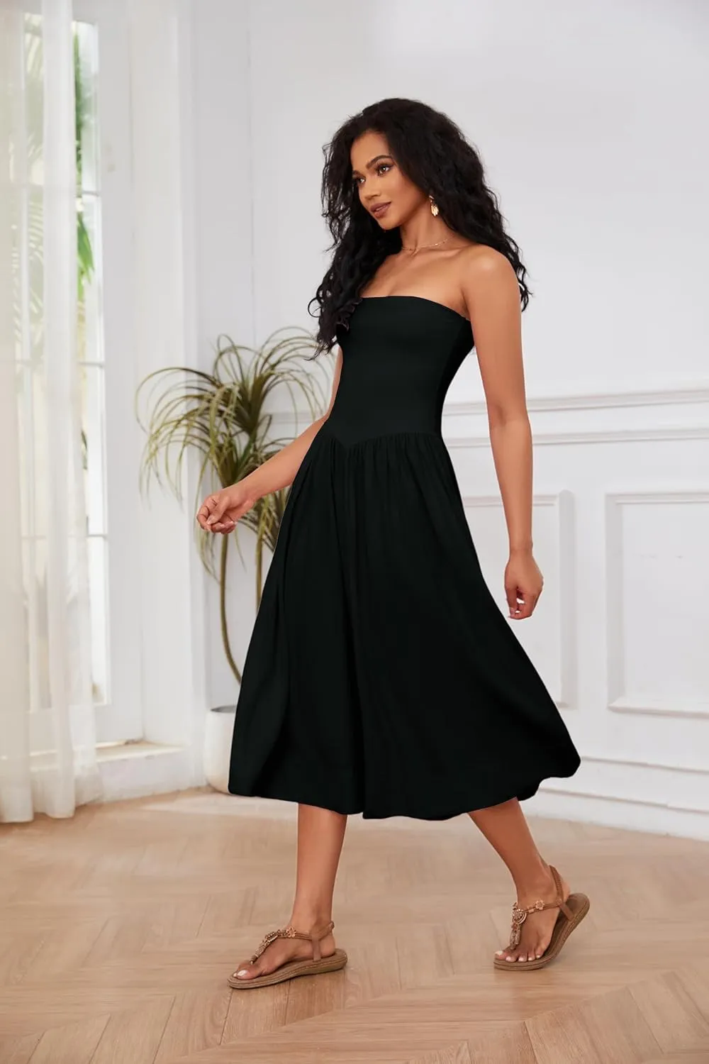 Livtany Women Off Shoulder Midi Dress Strapless Sleeveless Drop-Waist A Line Tube Dress Trendy Summer Swing Patchwork Dress