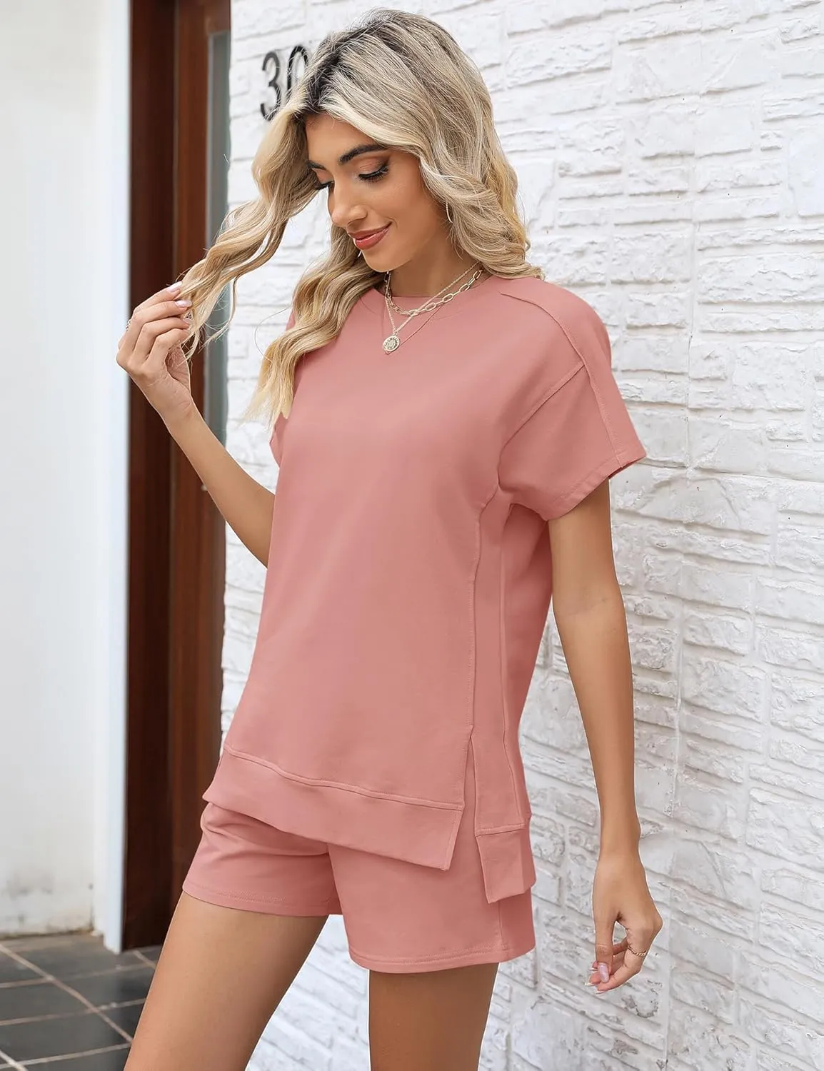 LOMON Womens Fashion 2 Piece Outfits Sweatsuits 2025 Summer Short Sleeve Loungewear Tracksuit Round Neck Lounge Shorts Sets