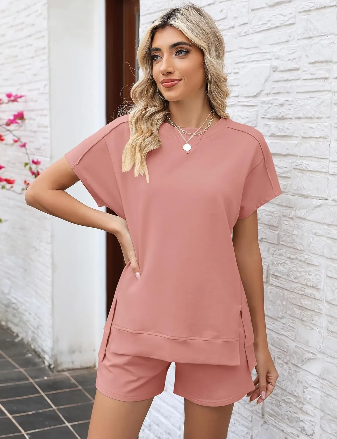 LOMON Womens Fashion 2 Piece Outfits Sweatsuits 2025 Summer Short Sleeve Loungewear Tracksuit Round Neck Lounge Shorts Sets
