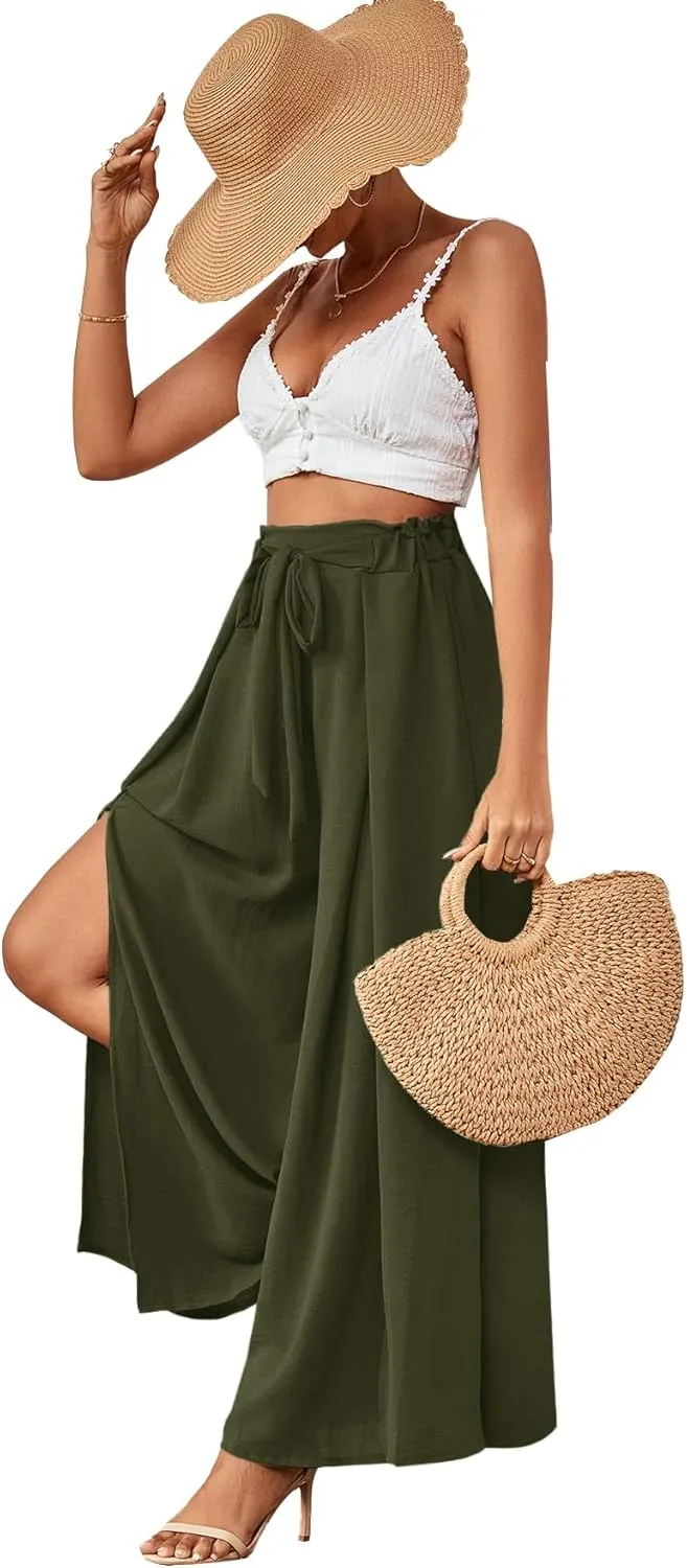 LYANER Women's Tie Front High Waist Side Split Slit Flowy Wide Leg Pleated Pant with Belt