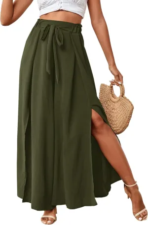 LYANER Women's Tie Front High Waist Side Split Slit Flowy Wide Leg Pleated Pant with Belt