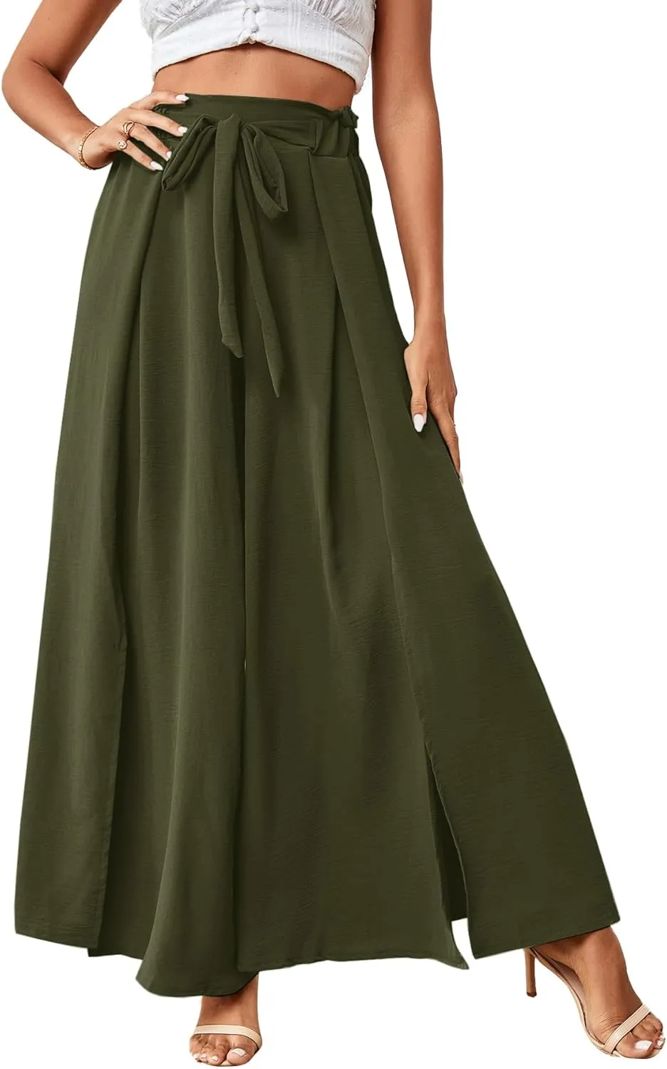 LYANER Women's Tie Front High Waist Side Split Slit Flowy Wide Leg Pleated Pant with Belt