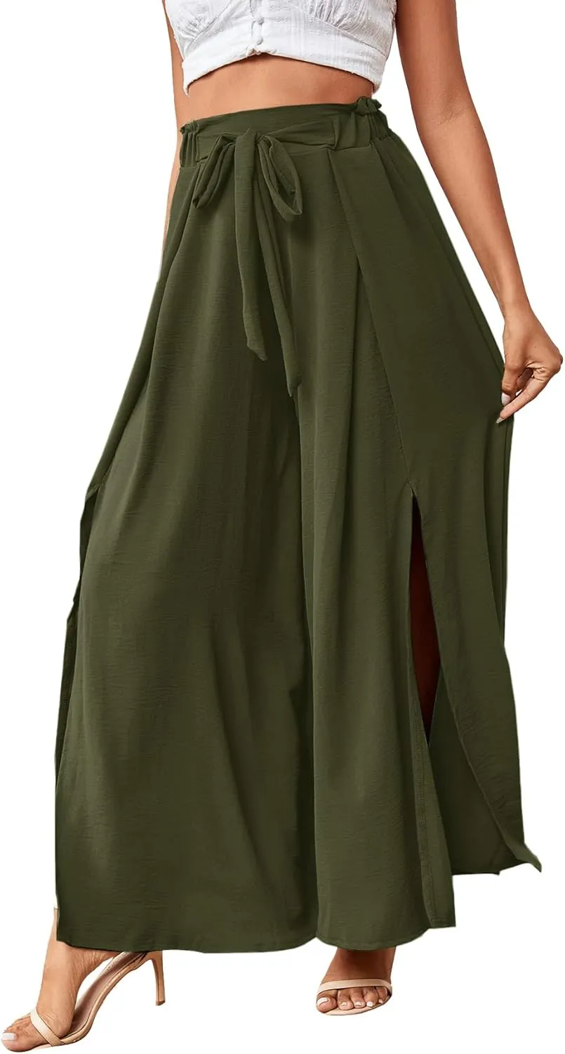 LYANER Women's Tie Front High Waist Side Split Slit Flowy Wide Leg Pleated Pant with Belt