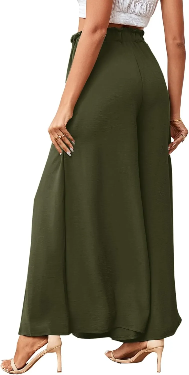 LYANER Women's Tie Front High Waist Side Split Slit Flowy Wide Leg Pleated Pant with Belt