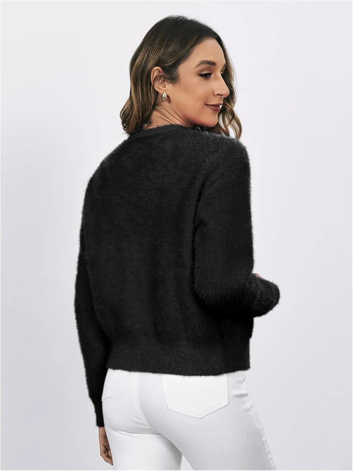 MakeMeChic Women's Fuzzy Cardigan Sweater V Neck Button Down Long Sleeve Crop Cardigan Coat