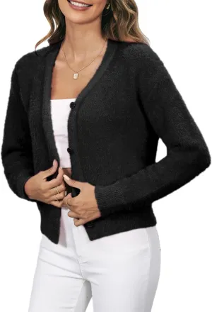 MakeMeChic Women's Fuzzy Cardigan Sweater V Neck Button Down Long Sleeve Crop Cardigan Coat
