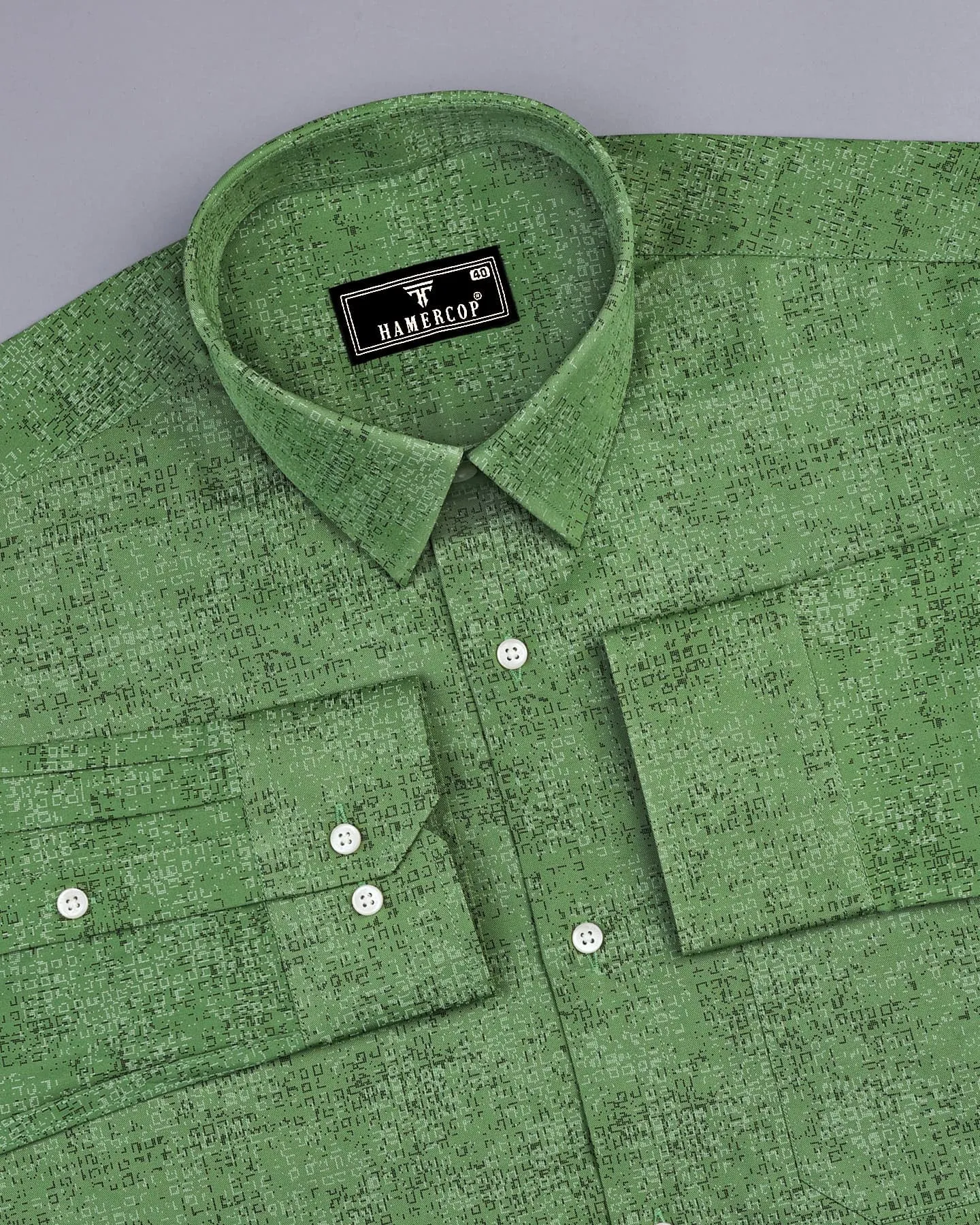 Maltose Green Twill Printed Formal Cotton Shirt