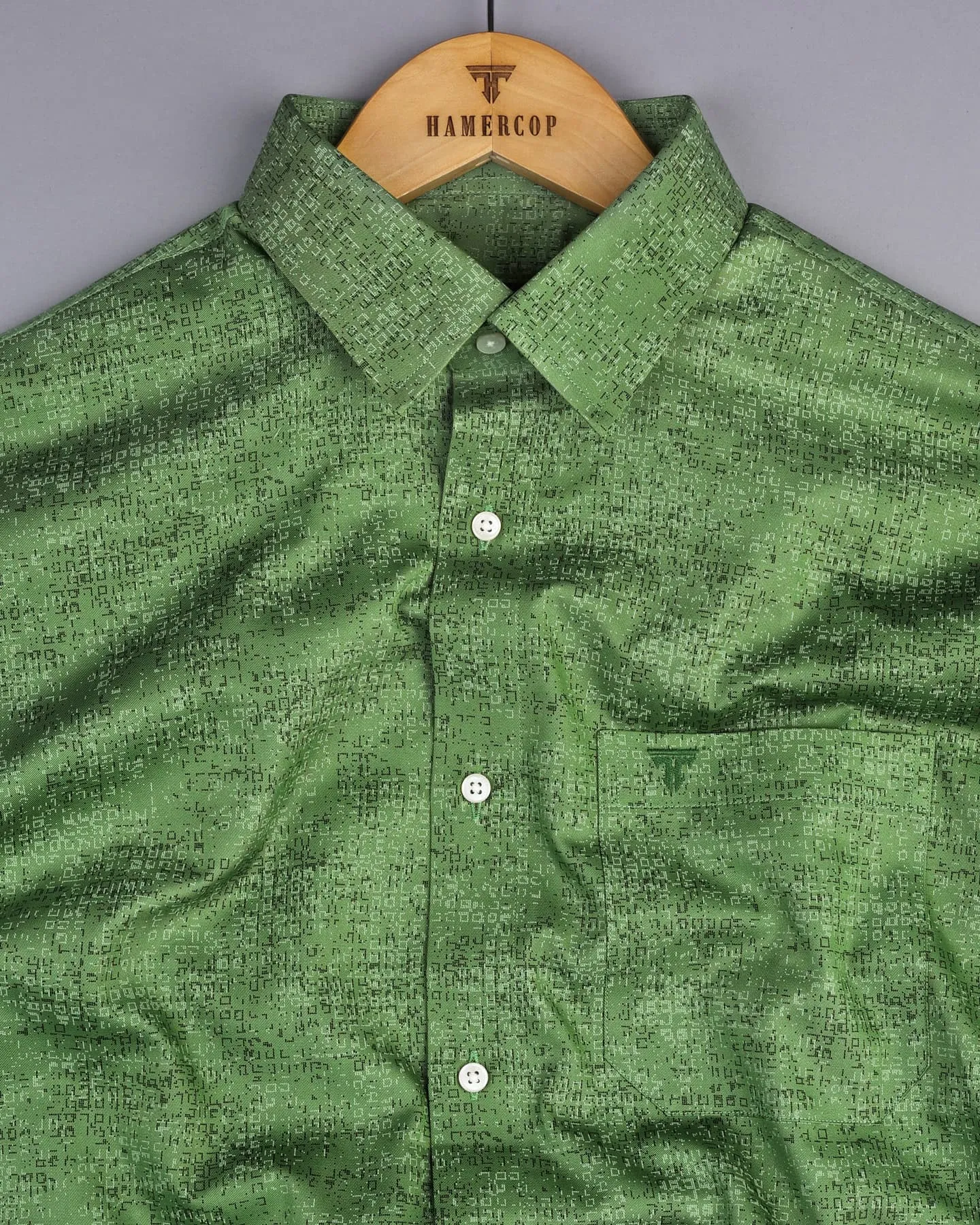 Maltose Green Twill Printed Formal Cotton Shirt