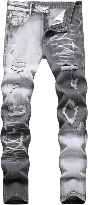 Men's Jeans Slim Fit Ripped Straight Leg Distressed Fashion Denim Pants
