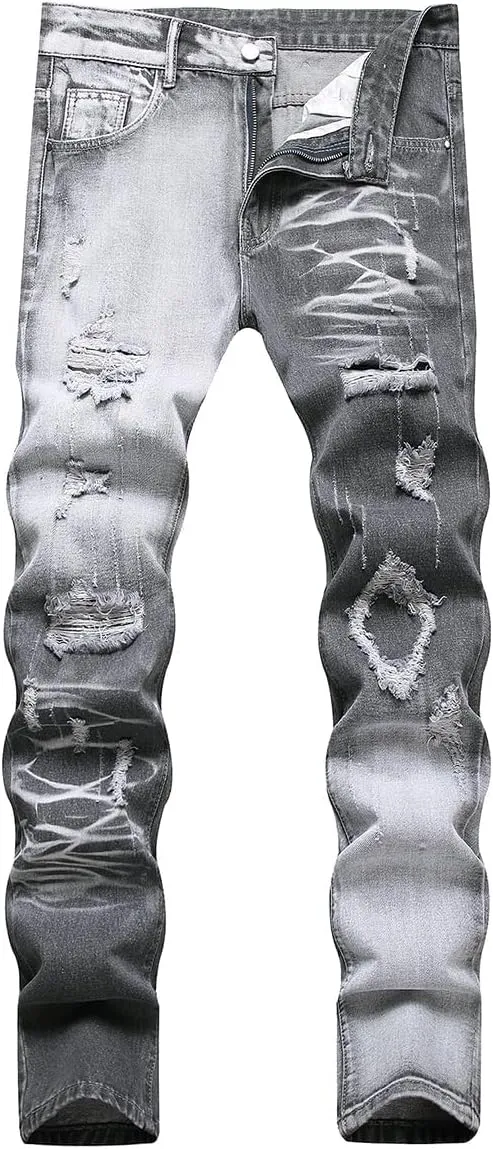 Men's Jeans Slim Fit Ripped Straight Leg Distressed Fashion Denim Pants