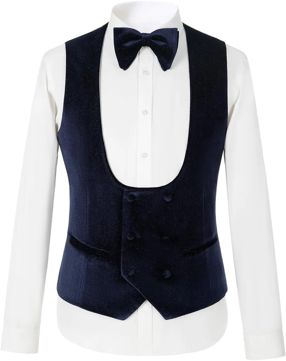Men's Slim Fit Tuxedo, Shiny Velvet Shawl Collar 3 Piece Suit, Party Jacket Vest Pants & Bow Tie Set