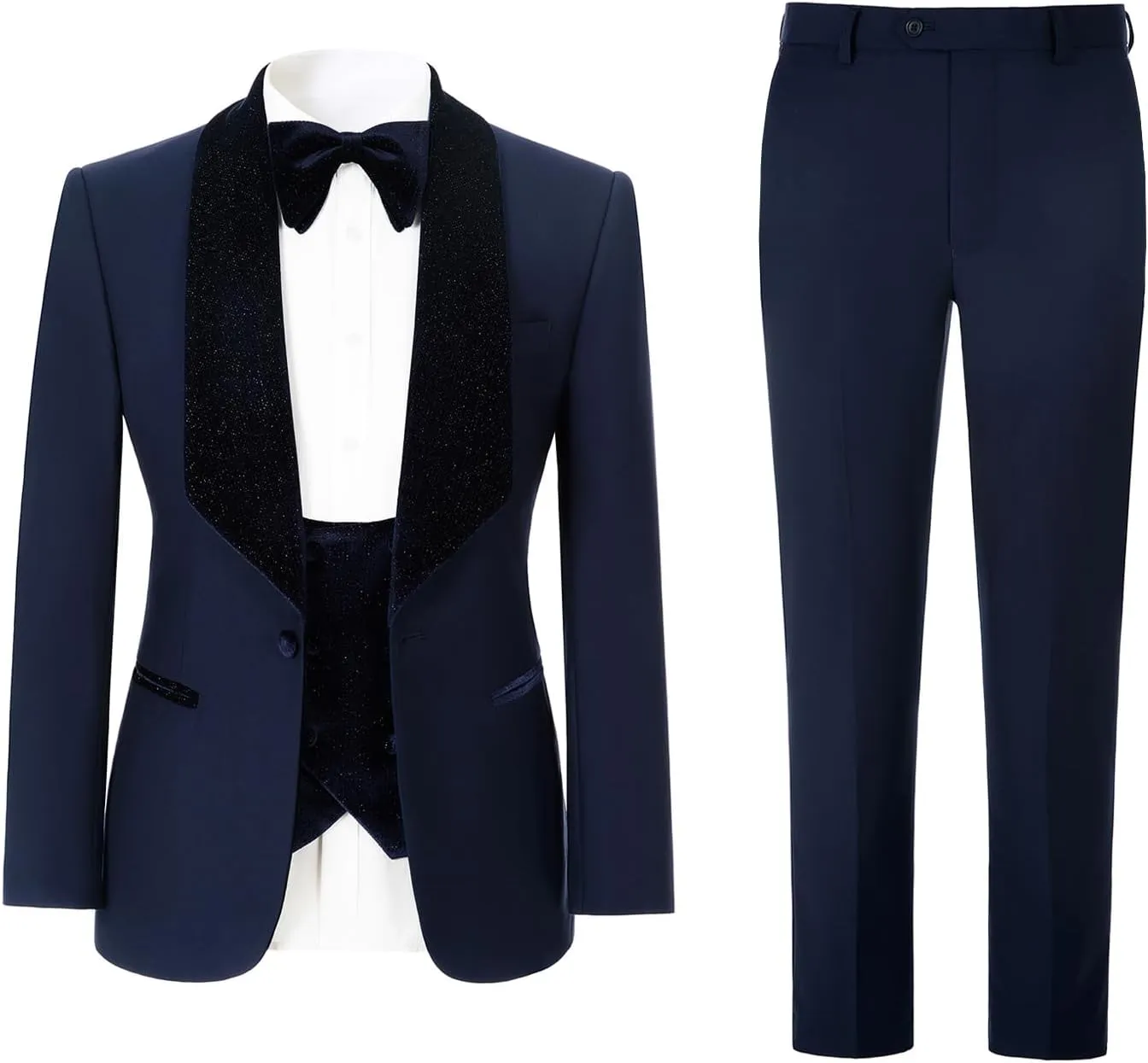 Men's Slim Fit Tuxedo, Shiny Velvet Shawl Collar 3 Piece Suit, Party Jacket Vest Pants & Bow Tie Set